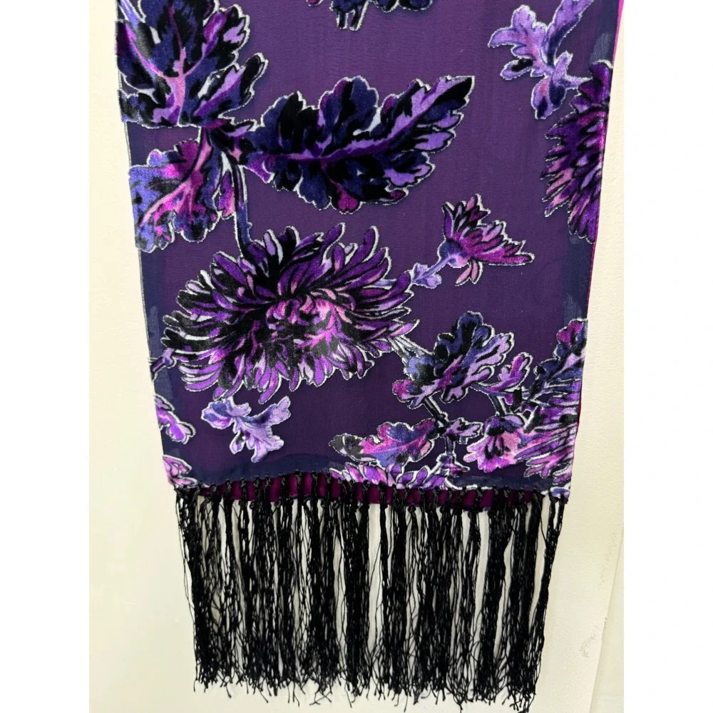 Velvet Burnout Floral Scarf Purple/Pink 9.5x64 + fringe